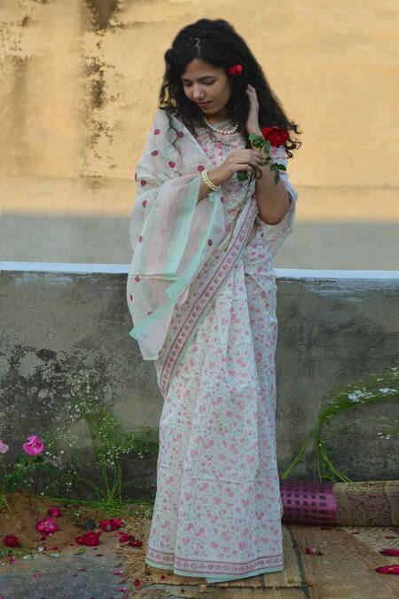 Shop Studio Malang White Chanderi Silk Block Printed Rose Saree at Aza Fashions Shop_Studio Malang_White Chanderi Silk Block Printed Rose Saree_at_Aza_Fashions