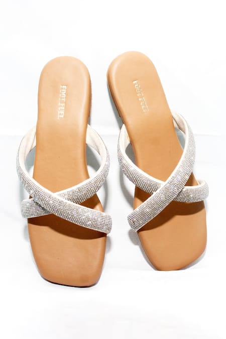Shop Foot Fuel Cream Rayne Rhinestone Criss Cross Strappy Flats at Aza Fashions Shop_Foot Fuel_Cream Rayne Rhinestone Criss Cross Strappy Flats _at_Aza_Fashions