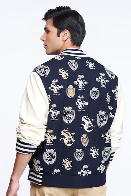 Shop S&N By Shantnu Nikhil Blue Viscose, Polyester, Faux Leather Embroidery Sncc Logos Varsity Jacket at Aza Fashions Shop_S&N By Shantnu Nikhil_Blue Viscose, Polyester, Faux Leather Embroidery Sncc Logos Varsity Jacket_at_Aza_Fashions