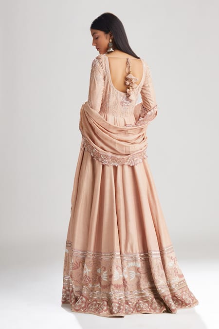 Shop Megha Bansal Pink Churidar Cotton Silk, Dupatta Tara Floral Embroidered Anarkali Set at Aza Fashions Shop_Megha Bansal_Pink Churidar Cotton Silk, Dupatta Tara Floral Embroidered Anarkali Set _at_Aza_Fashions