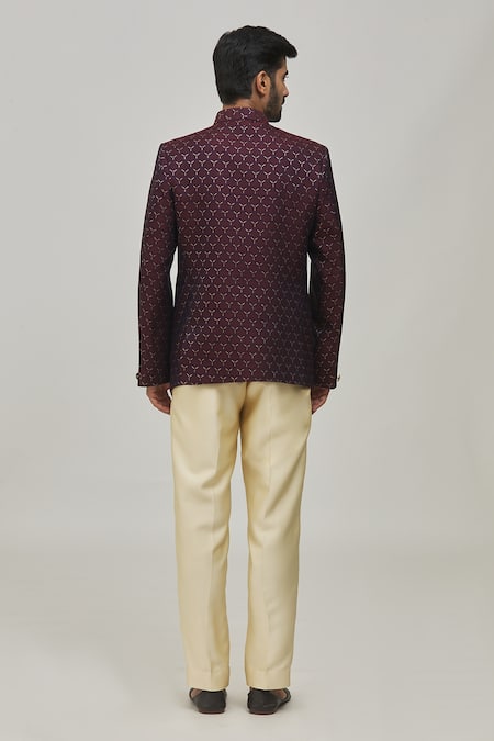 Shop Arihant Rai Sinha Maroon Jacquard, Terrycloth, Polyester Embroidery Bandhgala Set at Aza Fashions Shop_Arihant Rai Sinha_Maroon Jacquard, Terrycloth, Polyester Embroidery Bandhgala Set _at_Aza_Fashions