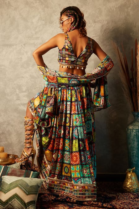 Shop Esha L Amin Multi Color Modal, Satin Embroidery Big Tile Print Lehenga at Aza Fashions Shop_Esha L Amin_Multi Color Modal, Satin Embroidery Big Tile Print Lehenga _at_Aza_Fashions