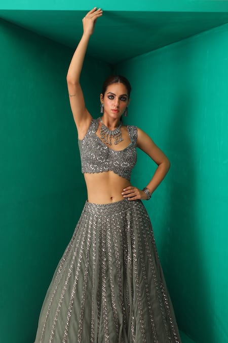 Shop_Rishi And Soujit_Green Raw Silk Embroidery Mirror Embellished Lehenga And Blouse Set  _at_Aza_Fashions