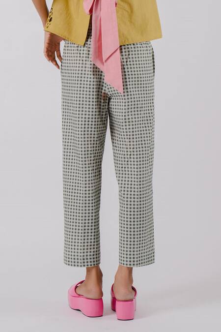 Shop_Tussah By Siddhi Shah_Black Cotton Printed Checkered Small Pant  _at_Aza_Fashions