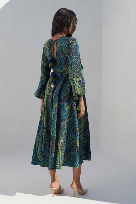 Shop Nadima Saqib Blue Tassels, Mirrors Round Neck Paisley And Mandala Print Dress at Aza Fashions Shop_Nadima Saqib_Blue Tassels, Mirrors Round Neck Paisley And Mandala Print Dress _at_Aza_Fashions