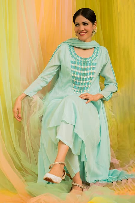 Shop Kacha Tanka Blue Anarkali And Pant Cotton Voile Hand Embroidery Shell & Embellished Set at Aza Fashions Shop_Kacha Tanka_Blue Anarkali And Pant Cotton Voile Hand Embroidery Shell & Embellished Set _at_Aza_Fashions