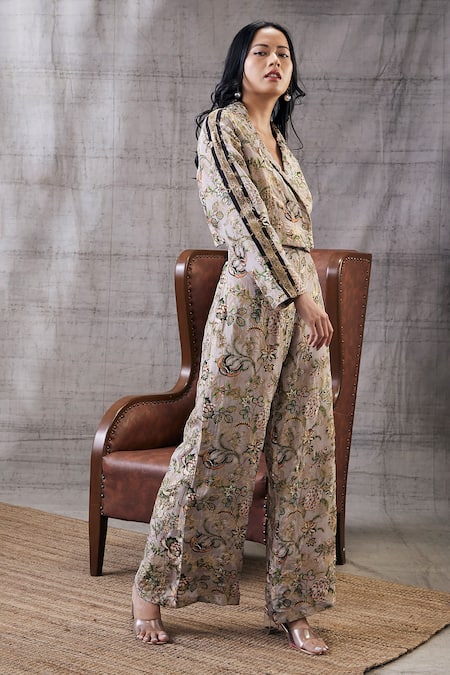 Shop_Soup By Sougat Paul_Beige Brocade Embroidery Collared Mehr Printed Jacket And Pant Set _at_Aza_Fashions