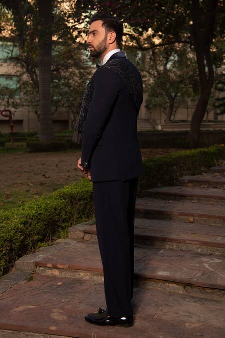 Shop_Soniya G_Blue Silk, Cotton Shawl Collar Tuxedo Pant Set _at_Aza_Fashions