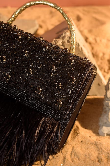 Shop Be Chic Black Crystals, Feathers, Pearls Fiery Embellished Box Clutch at Aza Fashions Shop_Be Chic_Black Crystals, Feathers, Pearls Fiery Embellished Box Clutch _at_Aza_Fashions