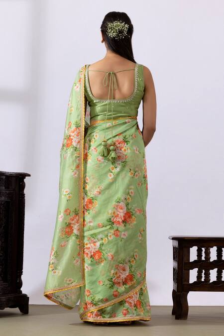 Shop_Abbaran_Green Chanderi Lace, Tassels, Embroidery Printed Pre-draped Saree With Blouse _at_Aza_Fashions