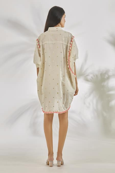 Shop_Gopi Vaid_Ivory Cotton Tassels, Pom-poms Collared Mehr Sequin Embroidered Dress _at_Aza_Fashions