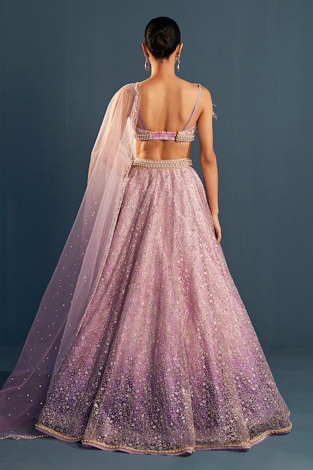 Shop Cedar & Pine Purple Net Feathers, Pearls, Sequins Sweetheart Embroidered Blouse Lehenga Set at Aza Fashions Shop_Cedar & Pine_Purple Net Feathers, Pearls, Sequins Sweetheart Embroidered Blouse Lehenga Set _at_Aza_Fashions