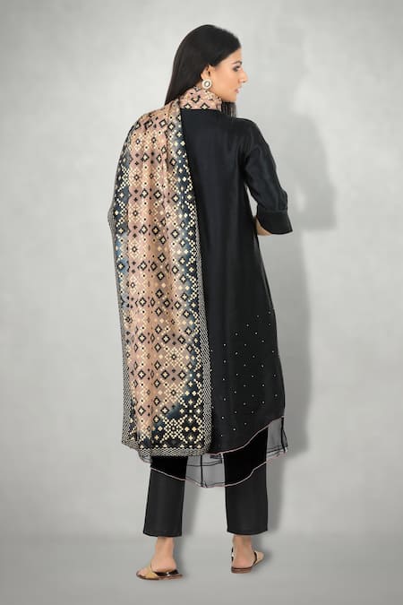 Shop_I Am Design_Black Linen Satin Ikat Print Round Button Down Kurta Set _at_Aza_Fashions