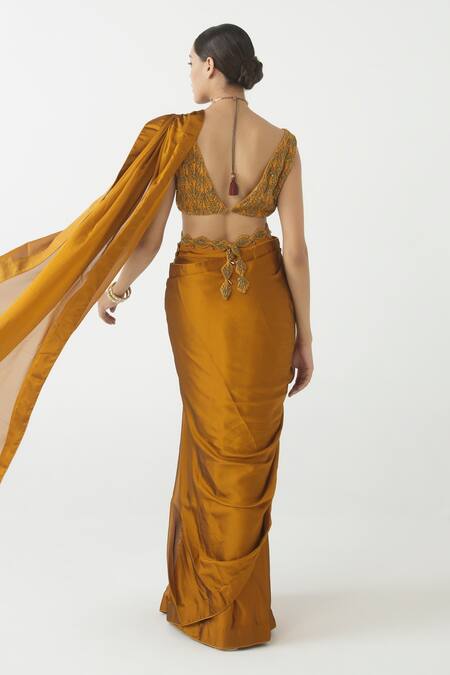 Shop Seeaash Yellow Georgette Embroidered Cutdana V Neck Pre-draped Saree With Blouse at Aza Fashions Shop_Seeaash_Yellow Georgette Embroidered Cutdana V Neck Pre-draped Saree With Blouse_at_Aza_Fashions