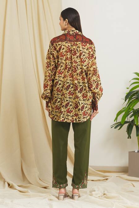 Shop Surendri Yellow Chanderi Floral Shirt Collar Flower Print at Aza Fashions Shop_Surendri_Yellow Chanderi Floral Shirt Collar Flower Print_at_Aza_Fashions