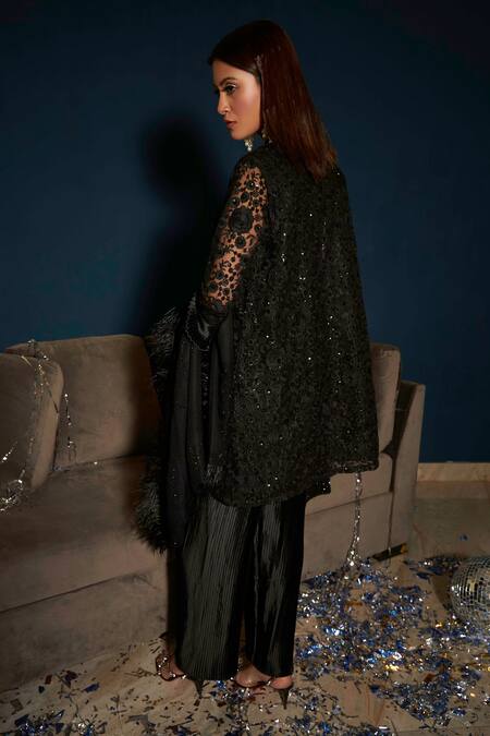 Shop Tasuvure Indes Black Satin Floral, Sequin Round Fragrant Embroidered Tunic And Pant Set at Aza Fashions Shop_Tasuvure Indes_Black Satin Floral, Sequin Round Fragrant Embroidered Tunic And Pant Set_at_Aza_Fashions