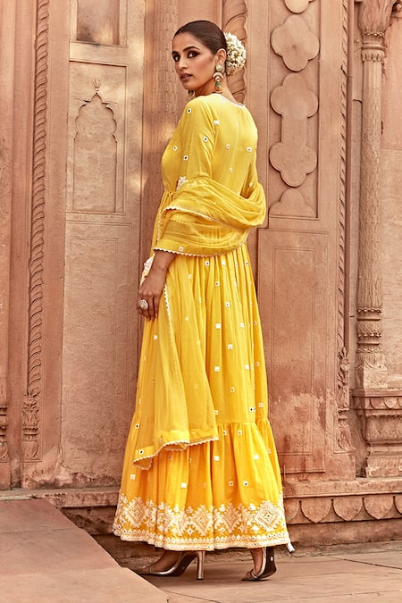 Shop Preevin Yellow Cotton, Tulle, Net Embroidered Ruffle Hem Angrakha Anarkali With Dupatta at Aza Fashions Shop_Preevin_Yellow Cotton, Tulle, Net Embroidered Ruffle Hem Angrakha Anarkali With Dupatta _at_Aza_Fashions