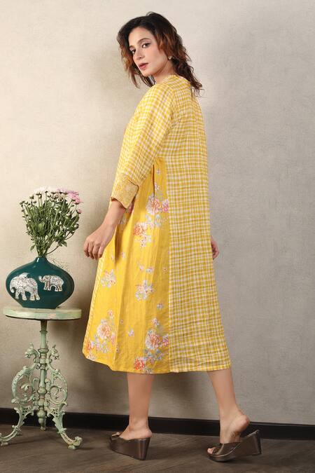 Shop_Falguni.Foram_Yellow Gabardine, Linen Sequins, Embroidery Round Neck Checkered Print Dress _at_Aza_Fashions