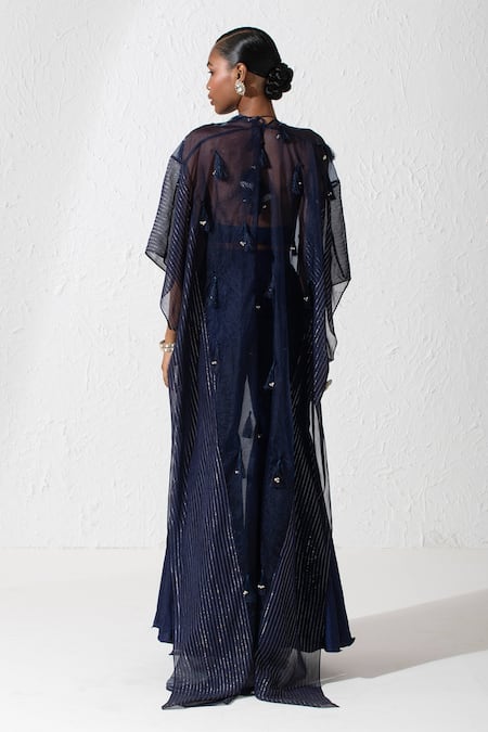 Shop Rishi and Vibhuti Blue Crepe, Organza, Silk Sequins, Gota Ghungroo Embellished Cape And Pant Set at Aza Fashions Shop_Rishi and Vibhuti_Blue Crepe, Organza, Silk Sequins, Gota Ghungroo Embellished Cape And Pant Set _at_Aza_Fashions