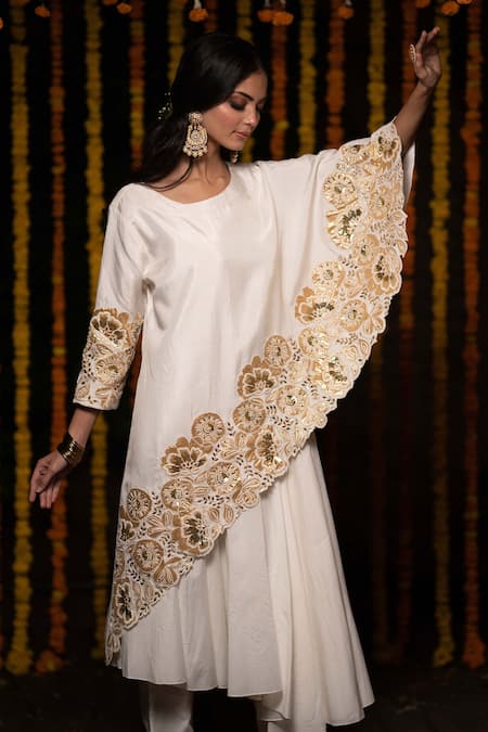 Shop_Leela By A_White Chanderi Embroidery Gota Round Asymmetric Cape And Anarkali Set _at_Aza_Fashions