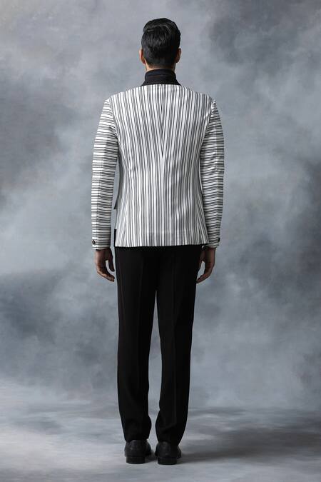 Shop_Sarab Khanijou_Black Knitted Fabric Striped Jacket _at_Aza_Fashions