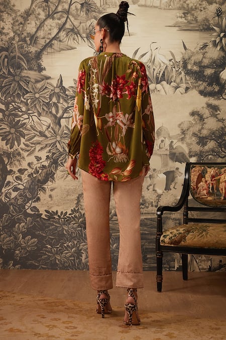 Shop Kalista Green Cotton Satin, Viscose Mandarin Dahlia Botanical Pattern Tunic And Pant Set at Aza Fashions Shop_Kalista_Green Cotton Satin, Viscose Mandarin Dahlia Botanical Pattern Tunic And Pant Set _at_Aza_Fashions