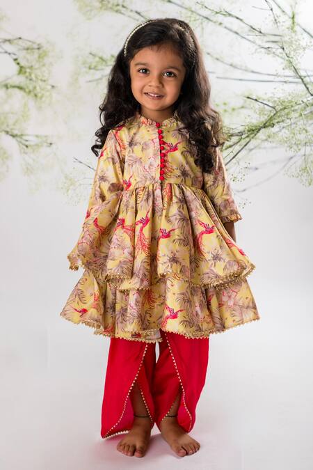 Shop Lil Angels Multi Color Cotton, Kota Doria Bird Of Paradise Peplum Top And Dhoti Pant Set at Aza Fashions Shop_Lil Angels_Multi Color Cotton, Kota Doria Bird Of Paradise Peplum Top And Dhoti Pant Set _at_Aza_Fashions