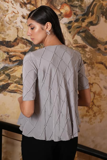 Label Ruhbab Crystal Embroidered Silk Crepe Top 