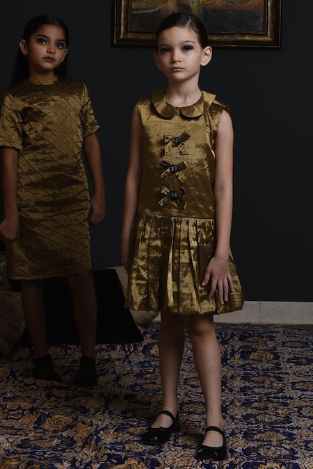 Shop Swati Golyan Gold Handloom Cotton, Lurex Sequins Swarovski Crystals Embellished Bow Dress at Aza Fashions Shop_Swati Golyan_Gold Handloom Cotton, Lurex Sequins Swarovski Crystals Embellished Bow Dress _at_Aza_Fashions