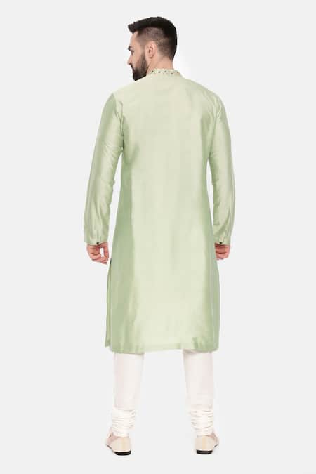 Shop Mayank Modi - Men Green Silk, Cotton Embroidery Placement Kurta Set at Aza Fashions Shop_Mayank Modi - Men_Green Silk, Cotton Embroidery Placement Kurta Set _at_Aza_Fashions