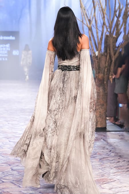 Nirmooha Abstract Print Cape Sleeve Gown 