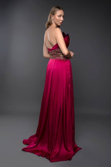 Shop_Anjum Qureshi_Fuchsia Satin Hand Embroidered Thread Tube Neck Structured Cowl Gown _at_Aza_Fashions