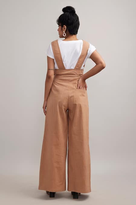 Shop_Pallavi Kandoi_Brown Cotton, Lycra V-neck Wrap Jumpsuit _at_Aza_Fashions