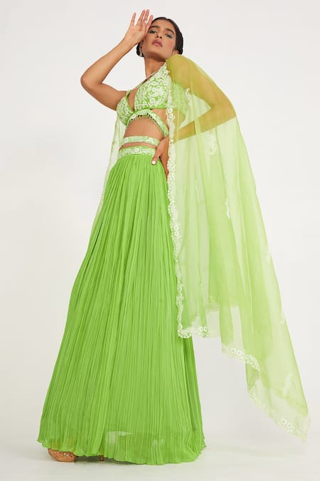 Shop Asaga Green Silk, Organza, Viscose Embroidery, Lace V-neck Cora Waistband Lehenga Set at Aza Fashions Shop_Asaga_Green Silk, Organza, Viscose Embroidery, Lace V-neck Cora Waistband Lehenga Set _at_Aza_Fashions
