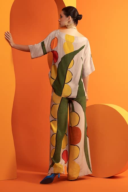 Shop_Nautanky_Beige Cotton, Crepe Boat Neck Abstract Geometric Print Boxy Top And Pant Set _at_Aza_Fashions