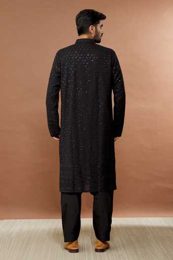 Shop Aham-Vayam Black Cotton Sequins Floral Embroidered Kurta Set at Aza Fashions Shop_Aham-Vayam_Black Cotton Sequins Floral Embroidered Kurta Set _at_Aza_Fashions