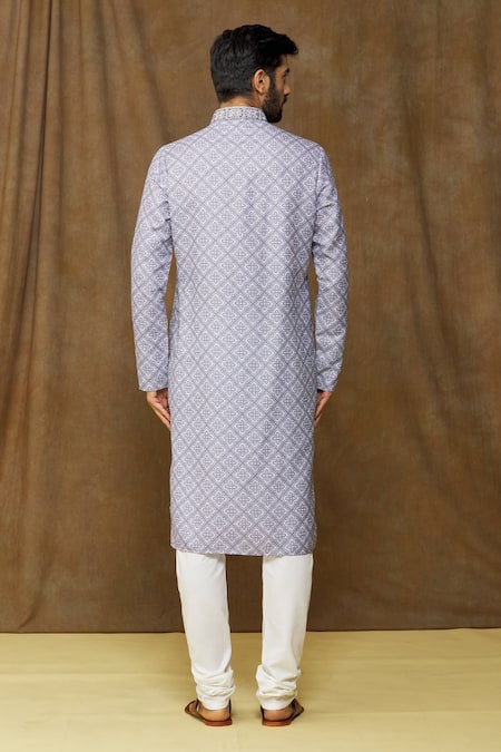 Shop Arihant Rai Sinha Grey Cotton, , Chanderi Geometric-floral Print Kurta Set at Aza Fashions Shop_Arihant Rai Sinha_Grey Cotton, , Chanderi Geometric-floral Print Kurta Set _at_Aza_Fashions