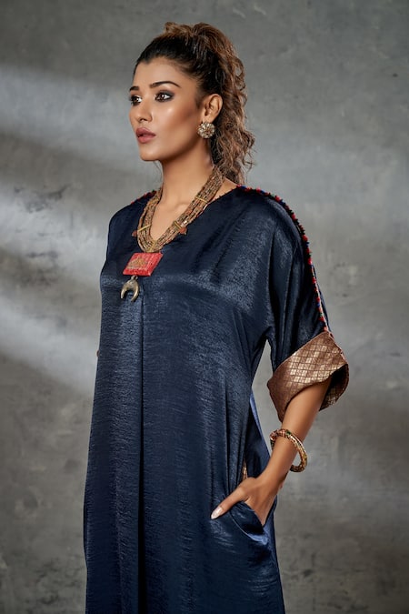 Shop_Aditi Somani_Blue Silk Suede Geometric V Neck Hand Embroidered Kaftan Tunic _at_Aza_Fashions