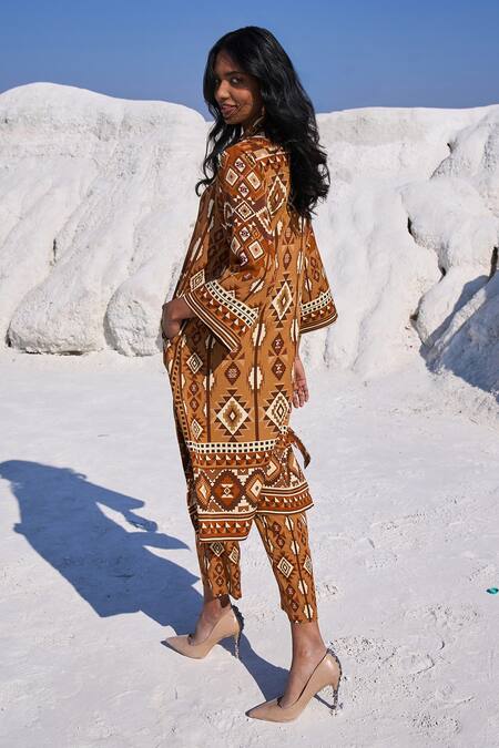 Shop_Dash And Dot_Brown Tencel Collared Aztec Print A-line Top And Pant Set _at_Aza_Fashions