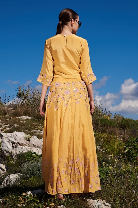 Shop Shruti Sancheti Yellow Crepe Embroidery, Sequins Round Neck Hand Top And Skirt Set at Aza Fashions Shop_Shruti Sancheti_Yellow Crepe Embroidery, Sequins Round Neck Hand Top And Skirt Set _at_Aza_Fashions