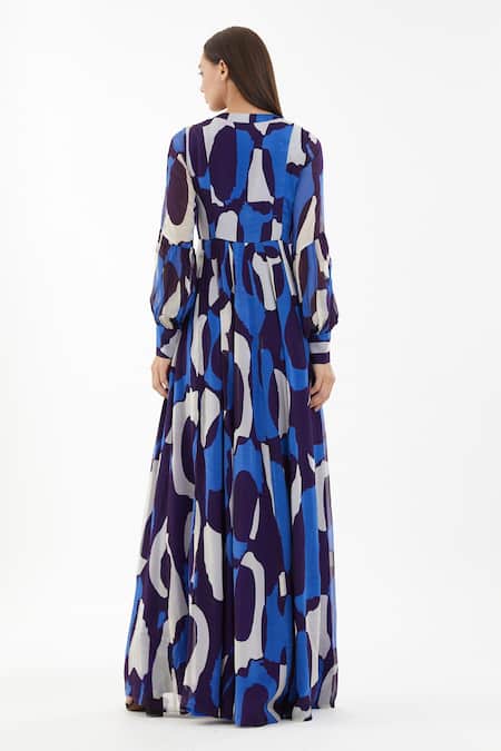 Shop Koai Blue Chiffon Abstract V Neck Pattern Maxi Dress at Aza Fashions Shop_Koai_Blue Chiffon Abstract V Neck Pattern Maxi Dress _at_Aza_Fashions