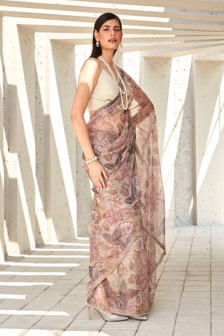 Shop Ranian Beige Organza, Crepe Embroidery, Beads V-neck Printed Saree With Blouse at Aza Fashions Shop_Ranian_Beige Organza, Crepe Embroidery, Beads V-neck Printed Saree With Blouse_at_Aza_Fashions