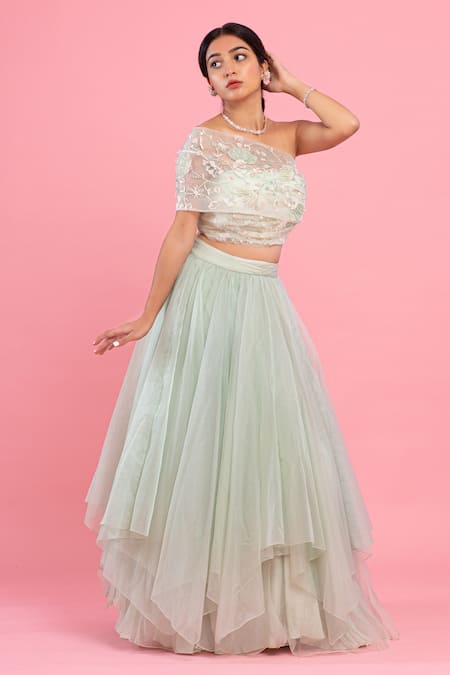 Shop PIRI INDIA Green Organza, Chanderi Sequins, Embroidery One Hand Crop Top And Lehenga Set at Aza Fashions Shop_PIRI INDIA_Green Organza, Chanderi Sequins, Embroidery One Hand Crop Top And Lehenga Set _at_Aza_Fashions