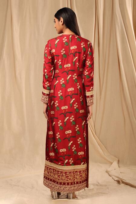 Shop_Masaba_Red Silk Embroidery Round Neck Spring Blossom Kurta Set _at_Aza_Fashions