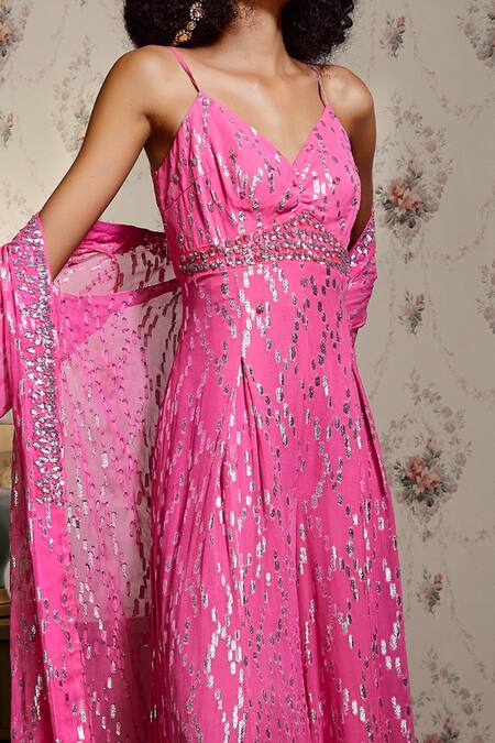 Shop Kisneel By Pam Pink Sequins V-neck Embroidered Jumpsuit at Aza Fashions Shop_Kisneel By Pam_Pink Sequins V-neck Embroidered Jumpsuit_at_Aza_Fashions