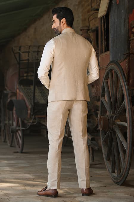 Shop_Raw & Rustic by Niti Bothra_Beige Linen Bundi And Pant Set _at_Aza_Fashions