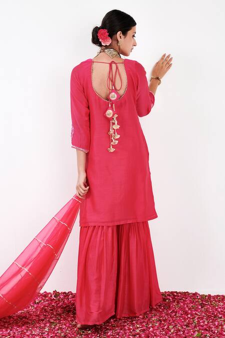 Shop Label Flamingo By Vrinda Pink Cotton, Silk, Organza Pearls, Sequins, Mirror Embellished Kurta Sharara Set at Aza Fashions Shop_Label Flamingo By Vrinda_Pink Cotton, Silk, Organza Pearls, Sequins, Mirror Embellished Kurta Sharara Set _at_Aza_Fashions