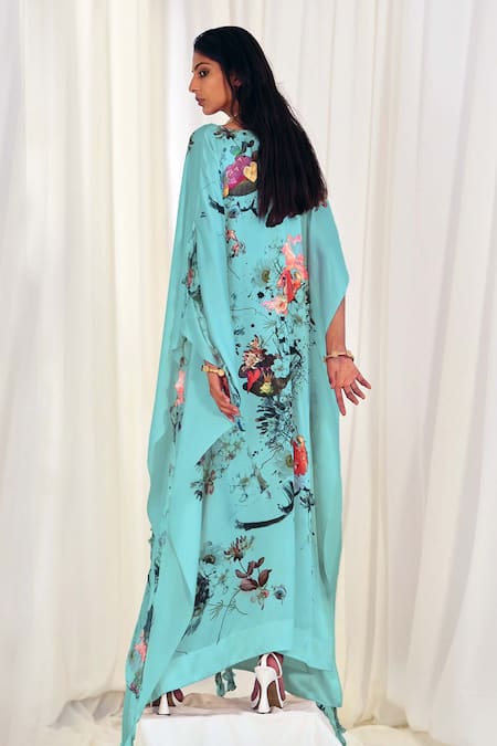 Shop AK-OK Blue Silk V-neck Floral And Ostrich Print Kaftan at Aza Fashions Shop_AK-OK_Blue Silk V-neck Floral And Ostrich Print Kaftan _at_Aza_Fashions