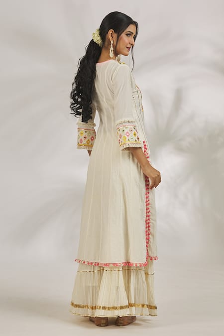 Shop_Gopi Vaid_Ivory Cotton Tassels, Pom-poms V-neck Adah Thread Embroidered Kurta With Sharara _at_Aza_Fashions