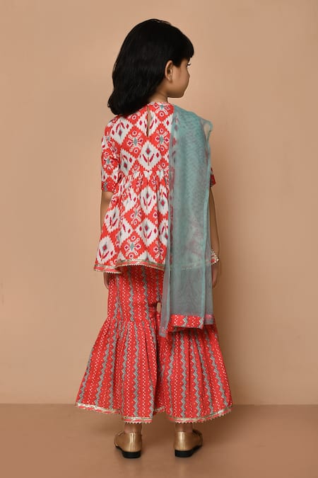 Shop_Pankhuri By Priyanka_Red Cotton, Chiffon Embroidery Patola Print Kurta Gharara Set _at_Aza_Fashions